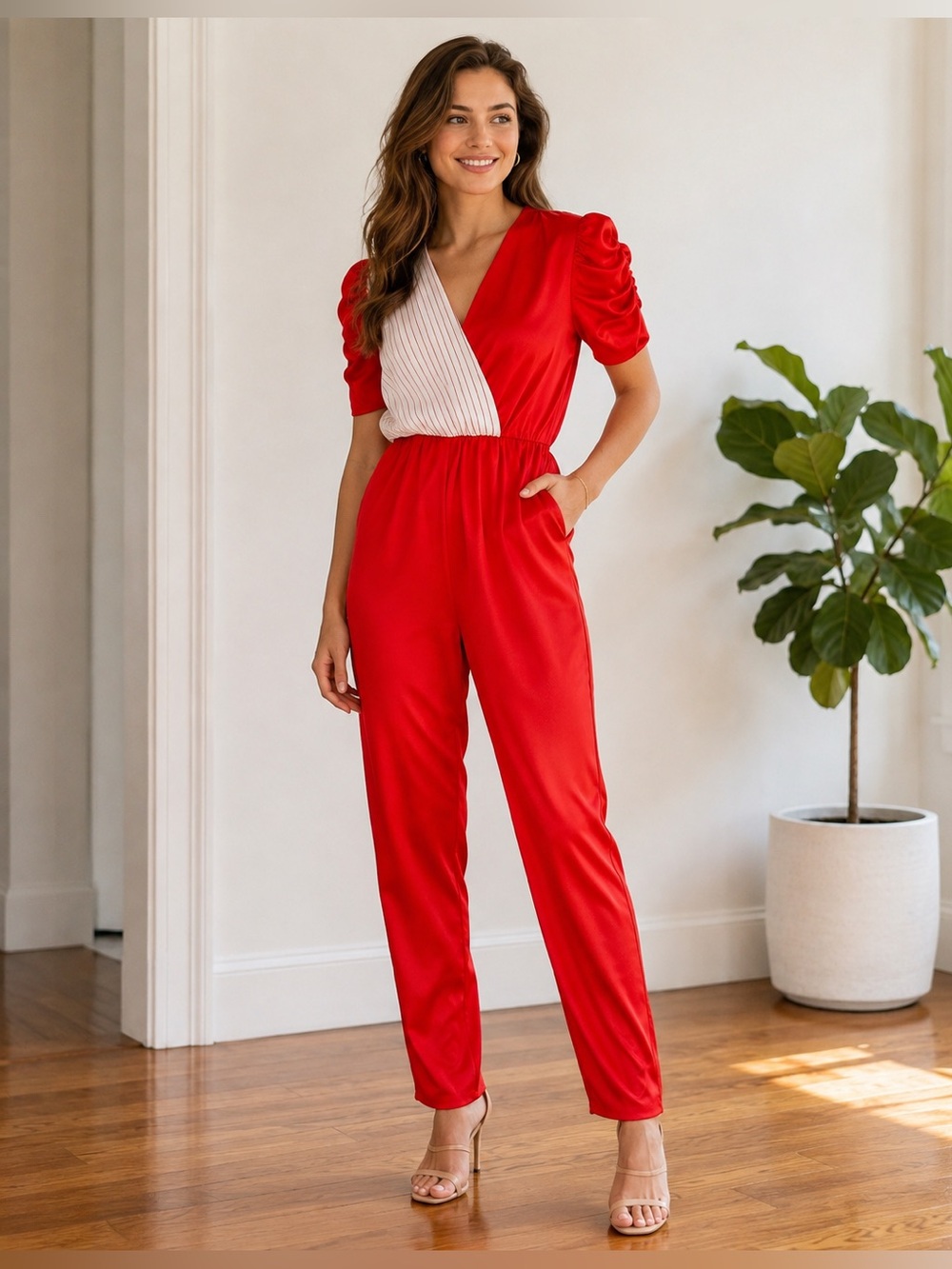 Vintage Entourage Red & White Jumpsuit Size Small Puff Sleeve Retro 70s/80s